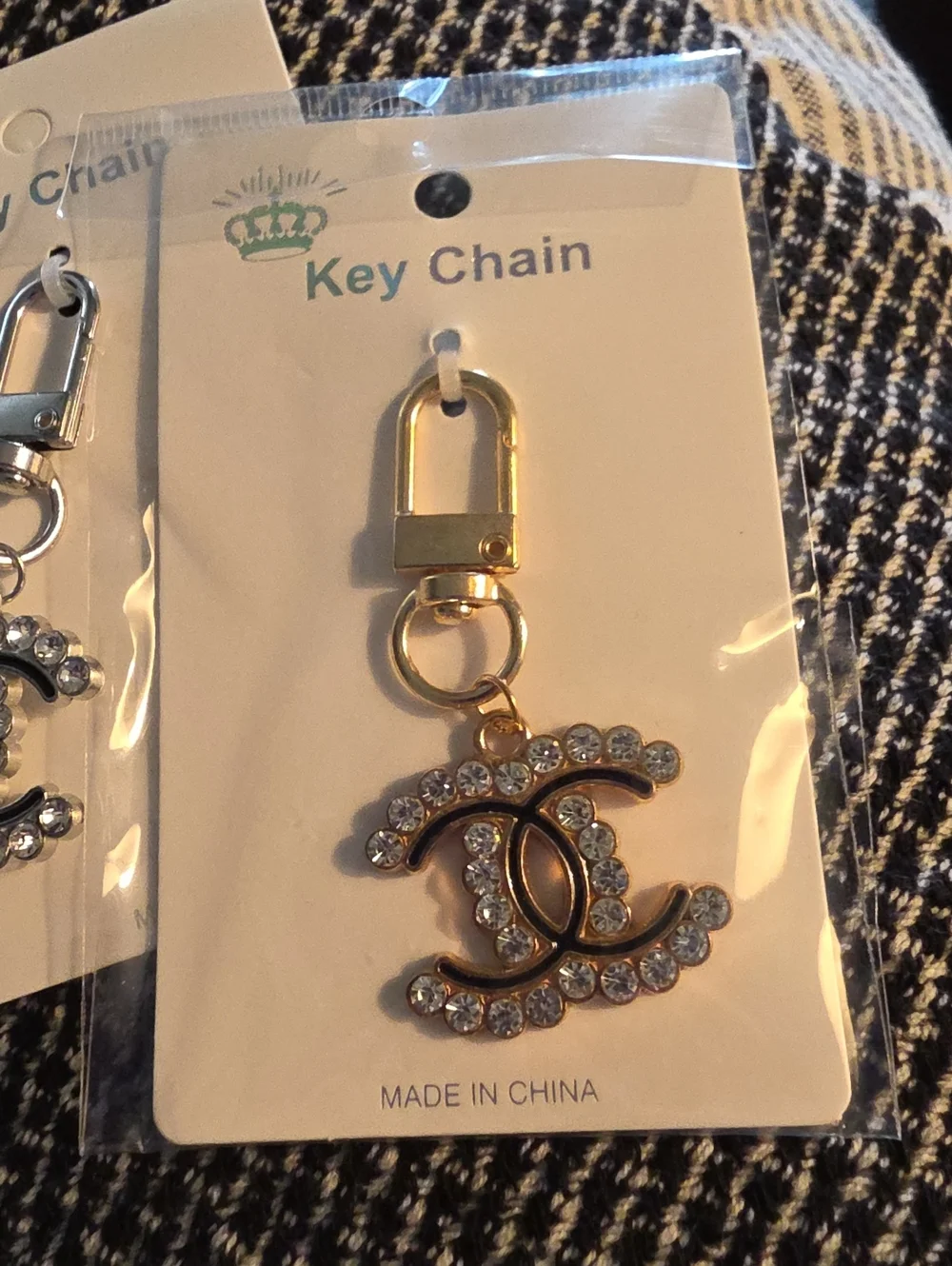 Crystal Interlocking Logo Key Chain - Black and Silver